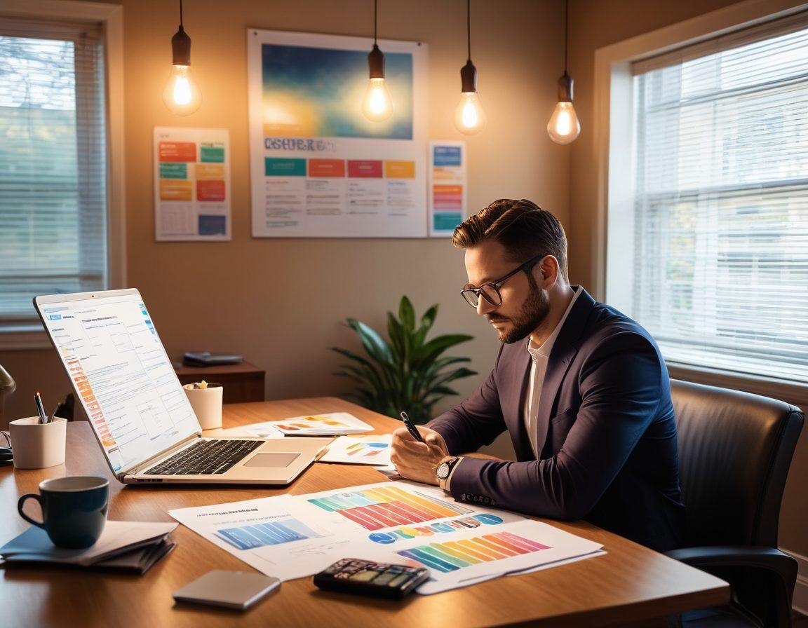 A thoughtful individual surrounded by various insurance policy documents, calculators, and a laptop displaying a comparison website. Incorporate vibrant visuals of different insurance types like health, auto, and home insurance surrounding them, symbolizing choice. The background should include a light bulb symbolizing ideas and insights, adding a sense of enlightenment. The overall mood should convey a balance between affordability and quality. super-realistic. vibrant colors. soft background gradient.