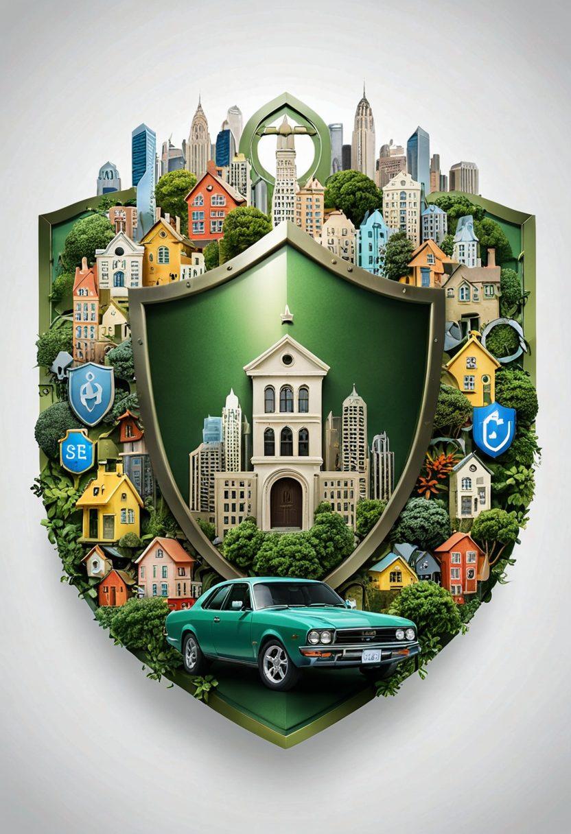 A visually compelling collage of various insurance symbols, including a shield, home, car, and health icons, blending together to form a secure lock. In the background, a cityscape representing financial security and growth, with green tones symbolizing prosperity. A warm light illuminating the symbols to signify hope and protection. super-realistic. vibrant colors. white background.