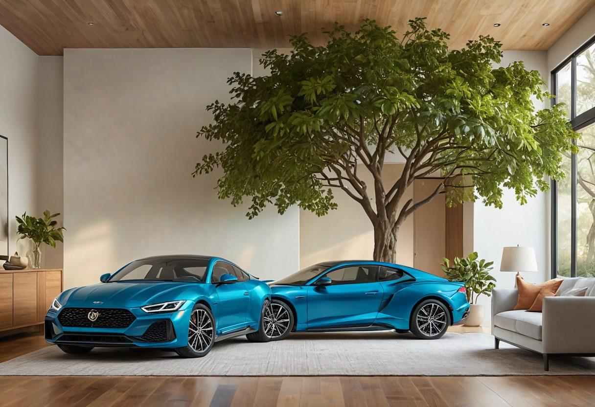 A split image illustrating financial security, with one side showcasing a sleek, modern car and the other side depicting a peaceful family scene, underlined by symbols of protection like umbrellas and shields. Incorporate elements like a growing tree representing wealth and stability, alongside a path that leads to a bright future. The overall color scheme should evoke trust and comfort, blending cool blues and warm greens. super-realistic. vibrant colors. 3D.